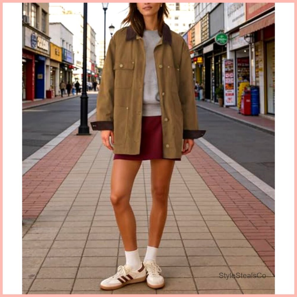 Oversized Cotton Barn Jacket with Corduroy Collar and Pockets - Picture 5 of 7